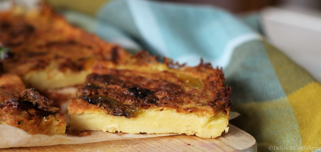 Farinata di ceci con porri e peperoni al profumo di timo fresco.