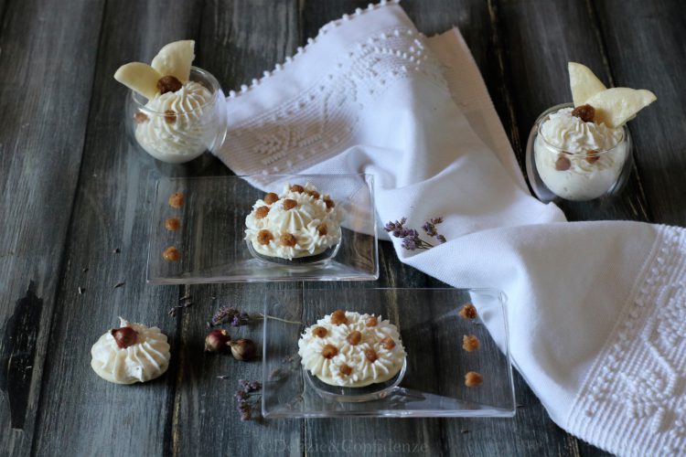 Cialde di meringa al formaggio con crema di ricotta e perle di cipolla egiziana caramellate