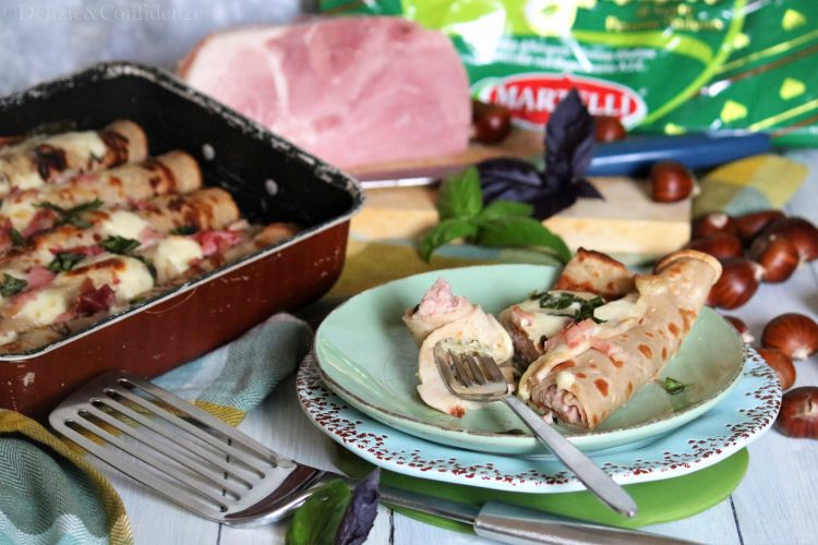 Cannelloni di crepes alle castagne e ripieno di Cotto Buongustaio, basilico e mozzarella