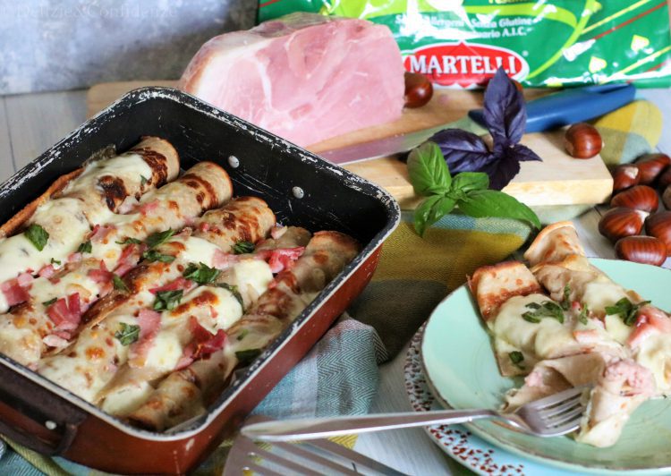 Cannelloni di crepes alle castagne e ripieno di Cotto Buongustaio, basilico e mozzarella