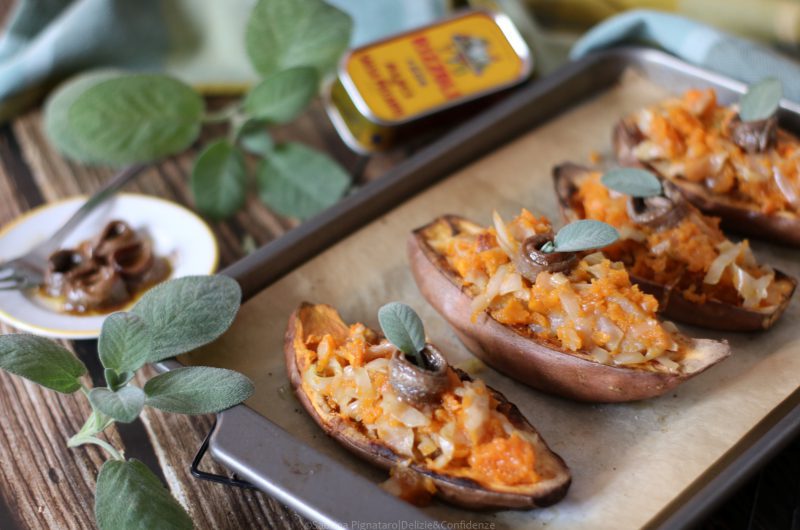 Patate dolci al forno con verza ed alici
