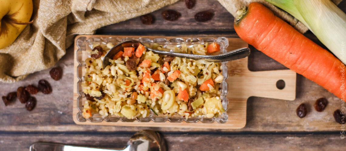 Insalata calda di legumi e cereali con porri e mele