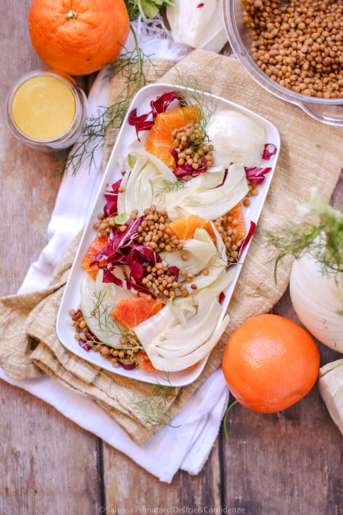 Insalata tiepida di finocchi, radicchio e lenticchie con arancia.