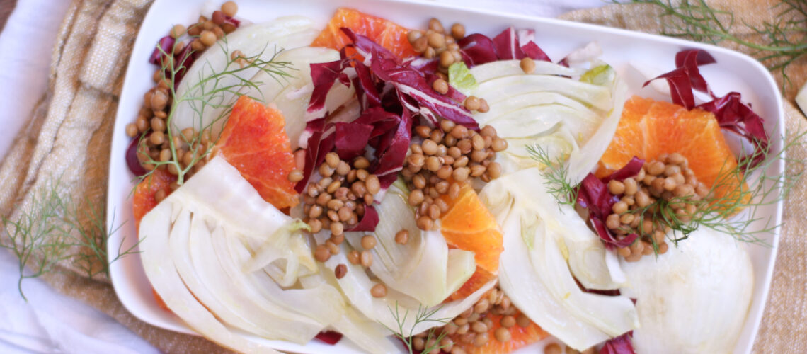 Insalata tiepida di finocchi, radicchio e lenticchie con arancia