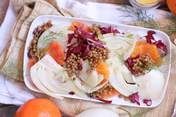 Insalata tiepida di finocchi, radicchio e lenticchie con arancia