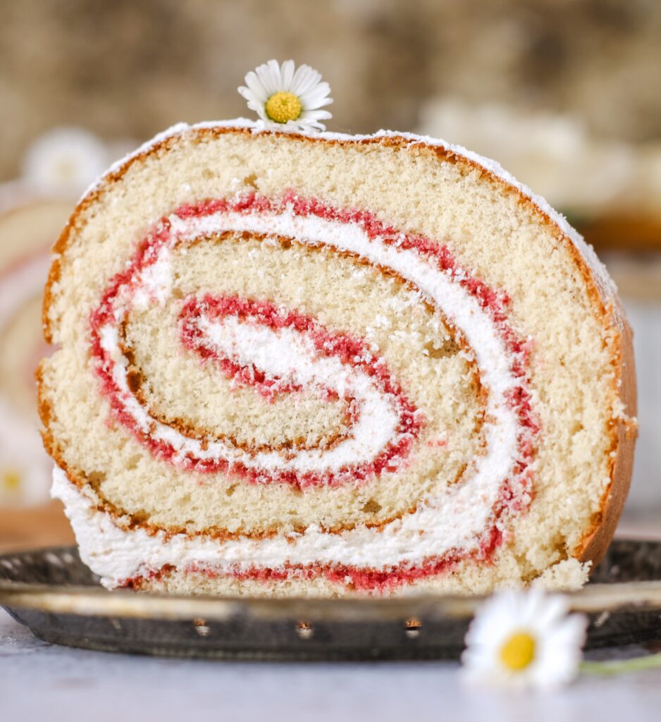 Rotolo di pasta biscotto bagnato all’Alchermes e farcito con crema al latte vegetale