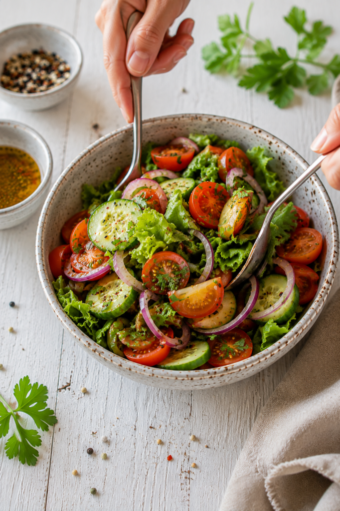 Insalata di pomodori e cetrioli mescolata con vinaigrette al limone