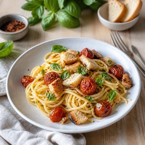 Spaghetti con pomodorini arrostiti sulla brace, basilico fresco e briciole di pane fritto al peperoncino