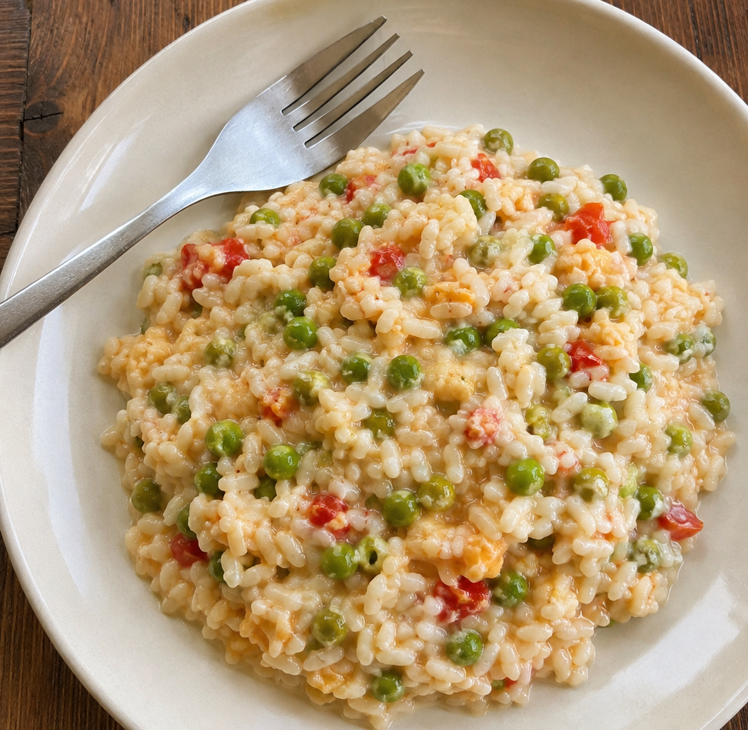 Riso con piselli, pomodoro e uovo